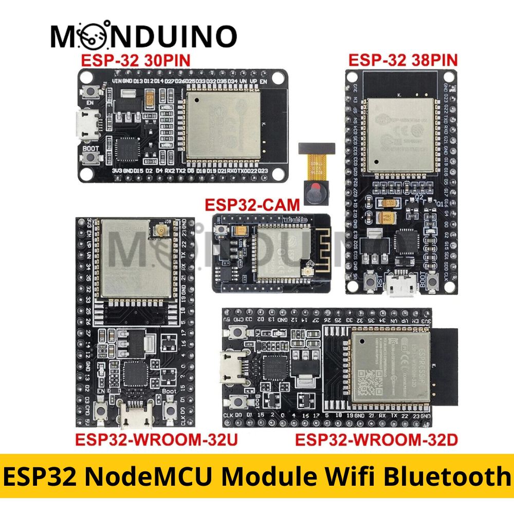 Module ESP32 NodeMCU avec Wifi et Bluetooth intégrés, disponible en différentes configurations de broches 30PIN et 38PIN pour une utilisation avec Arduino et Raspberry Pi