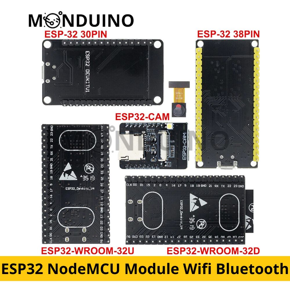 Module ESP32 NodeMCU avec Wifi et Bluetooth intégrés, disponible en différentes configurations de broches 30PIN et 38PIN pour une utilisation avec Arduino et Raspberry Pi