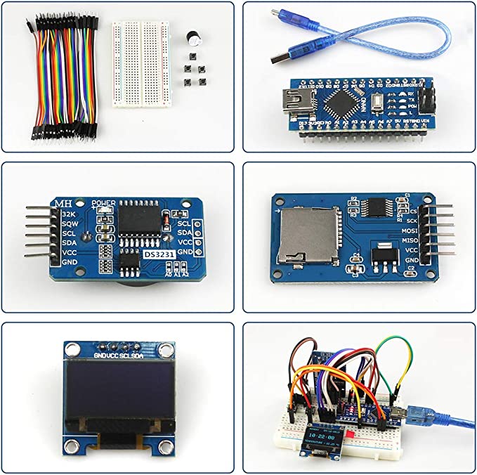 Kit d'horloge en temps réel - Module d'horloge DS3231 AT24C32 + Pilote de carte Micro SD + Carte de développement Nano V3.0 + Écran OLED 128X64 + Buzzer + Fils de connexion et breadboard