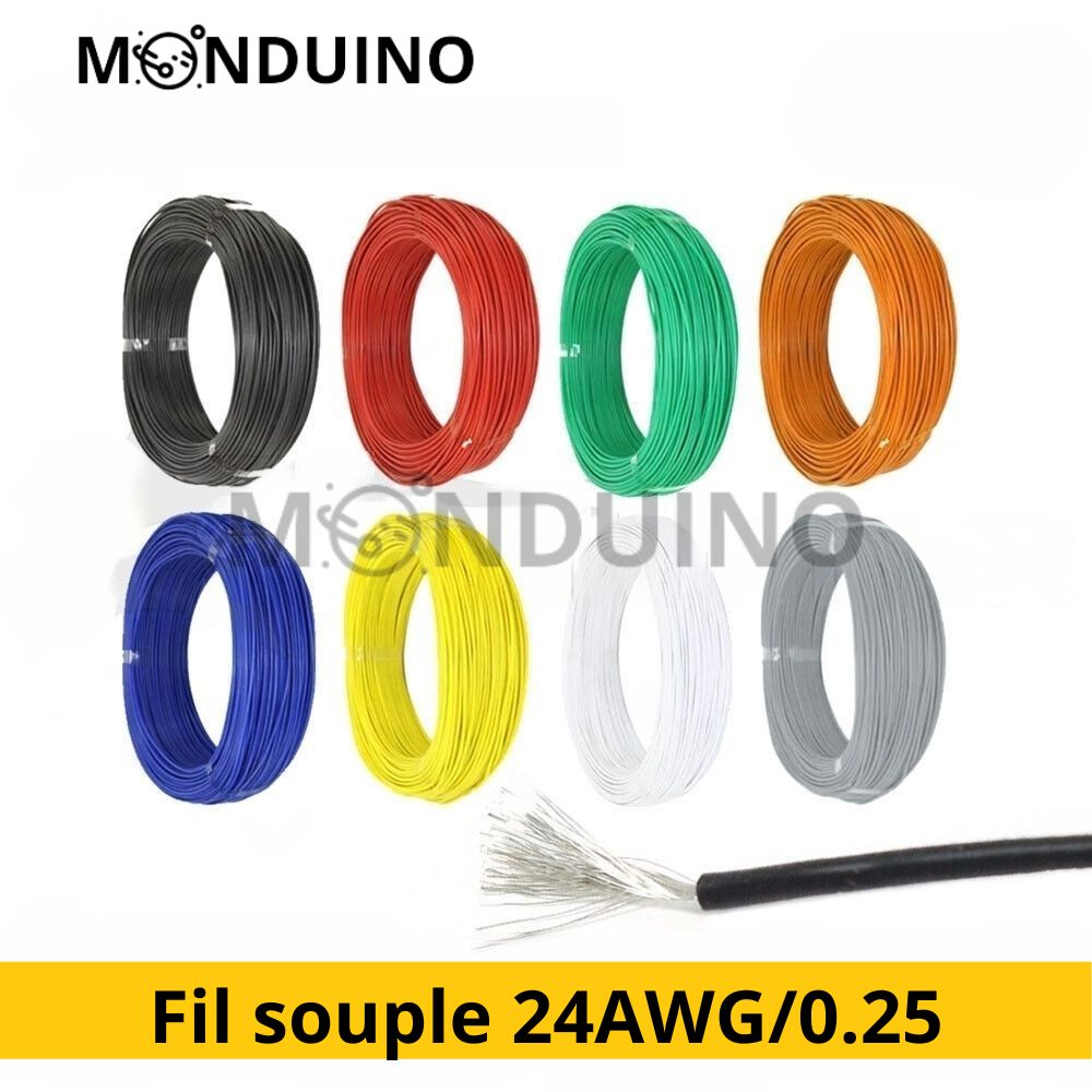 Fil électrique 0,25mm² 24 AWG 0,6mm - Câble souple cuivre AWG24 multibrin UL1007