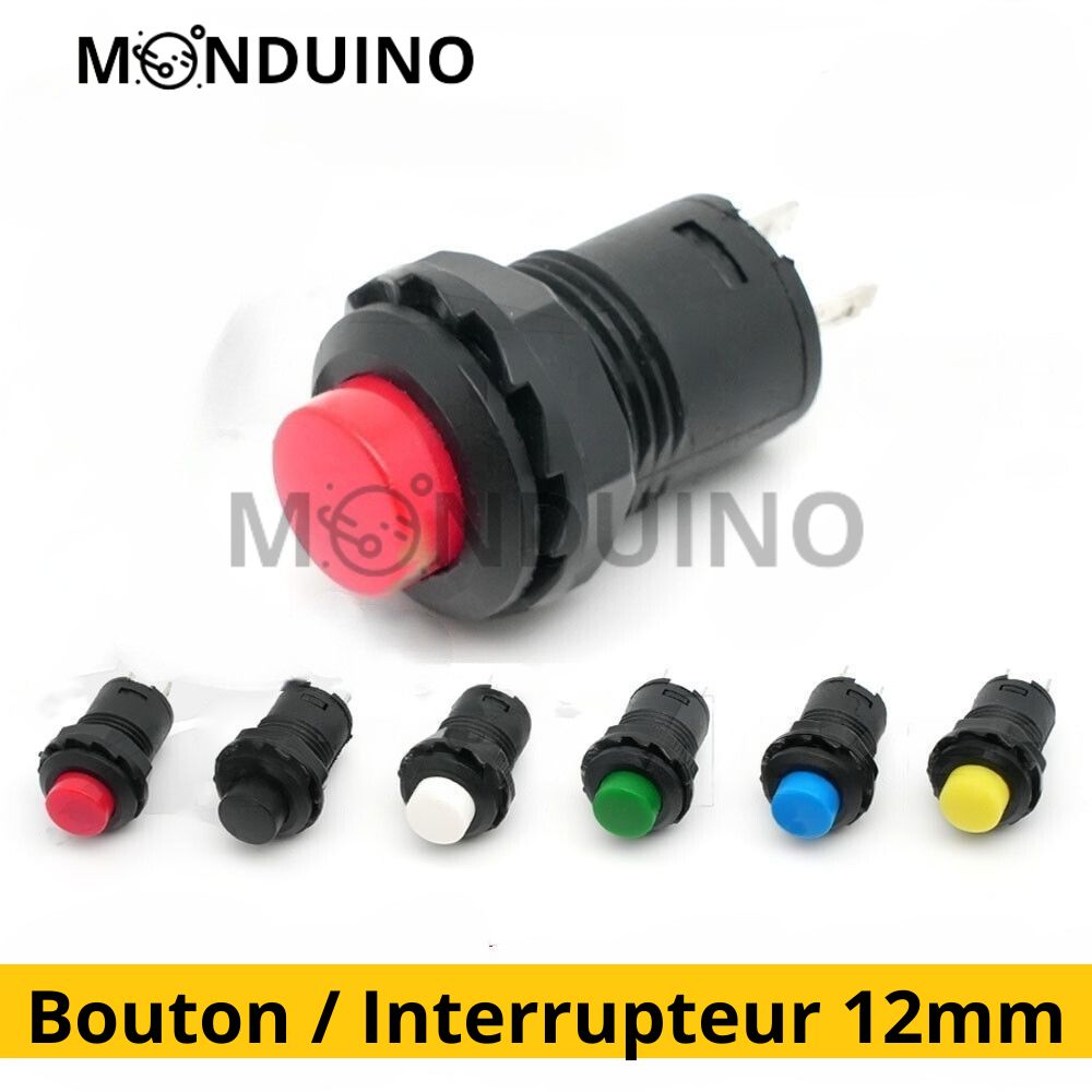 Bouton poussoir interrupteur 12 mm rond - Momentané ou permanent 12V 24V 230V 2A