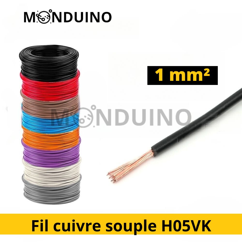 Fil électrique souple H05VK - 1 mm² - cuivre multibrin câble AWG 17 - 8 couleurs