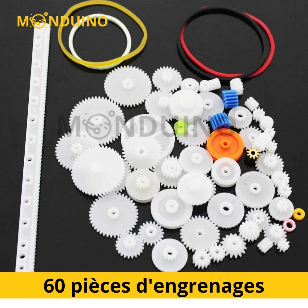 Kit de 60 pièces d'engrenages en plastique blanc pour robots et projets DIY avec Arduino