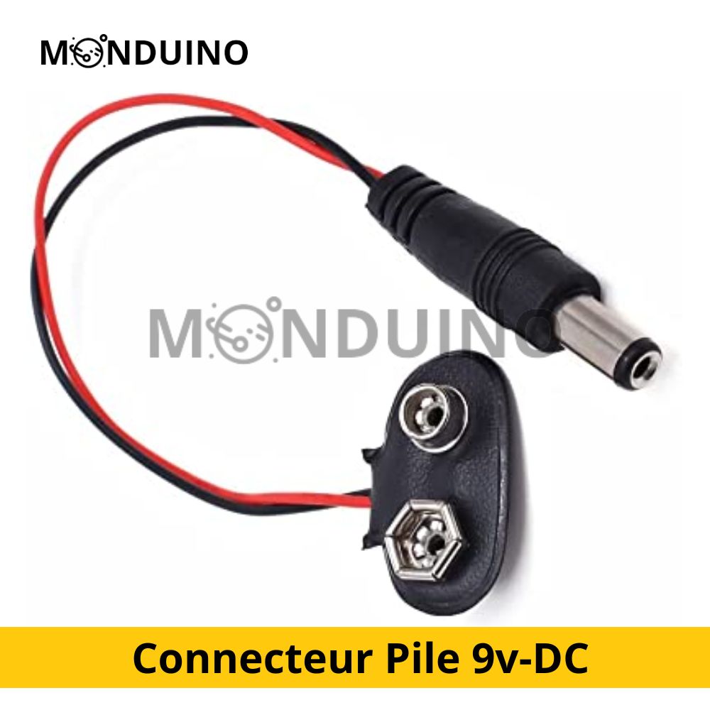 Câble pour pile 9V PP3 6LR61 Type T 2.1x5.5mm & 9 V Batterieclip Adapter Anschlusskabel für Arduino