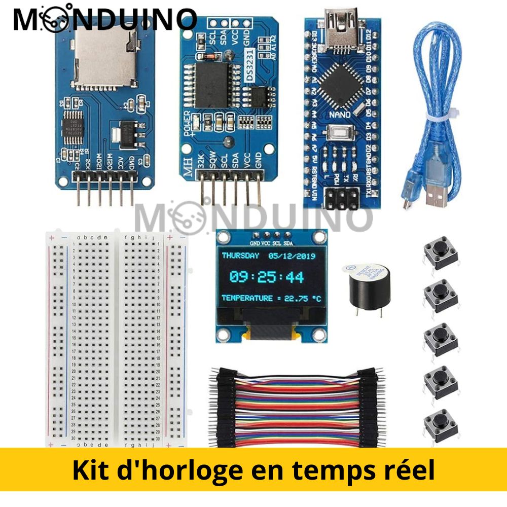 Kit d'horloge en temps réel - Module d'horloge DS3231 AT24C32 + Pilote de carte Micro SD + Carte de développement Nano V3.0 + Écran OLED 128X64 + Buzzer + Fils de connexion et breadboard