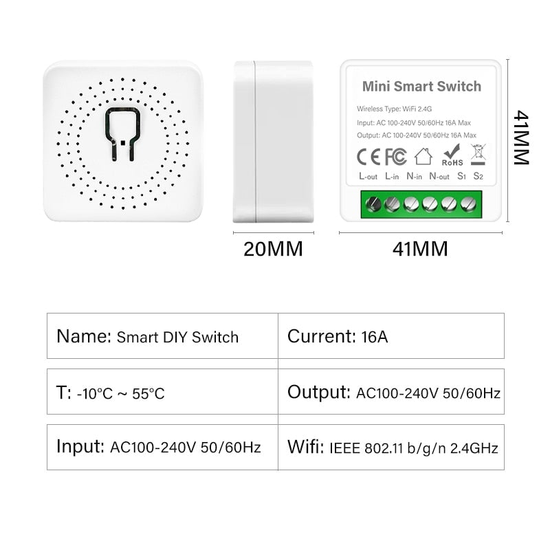 Commutateur intelligent wifi 16A, MINI Smart switch wifi, module commutateur, app Tuya SmartLife, compatible avec Alexa, Google Home